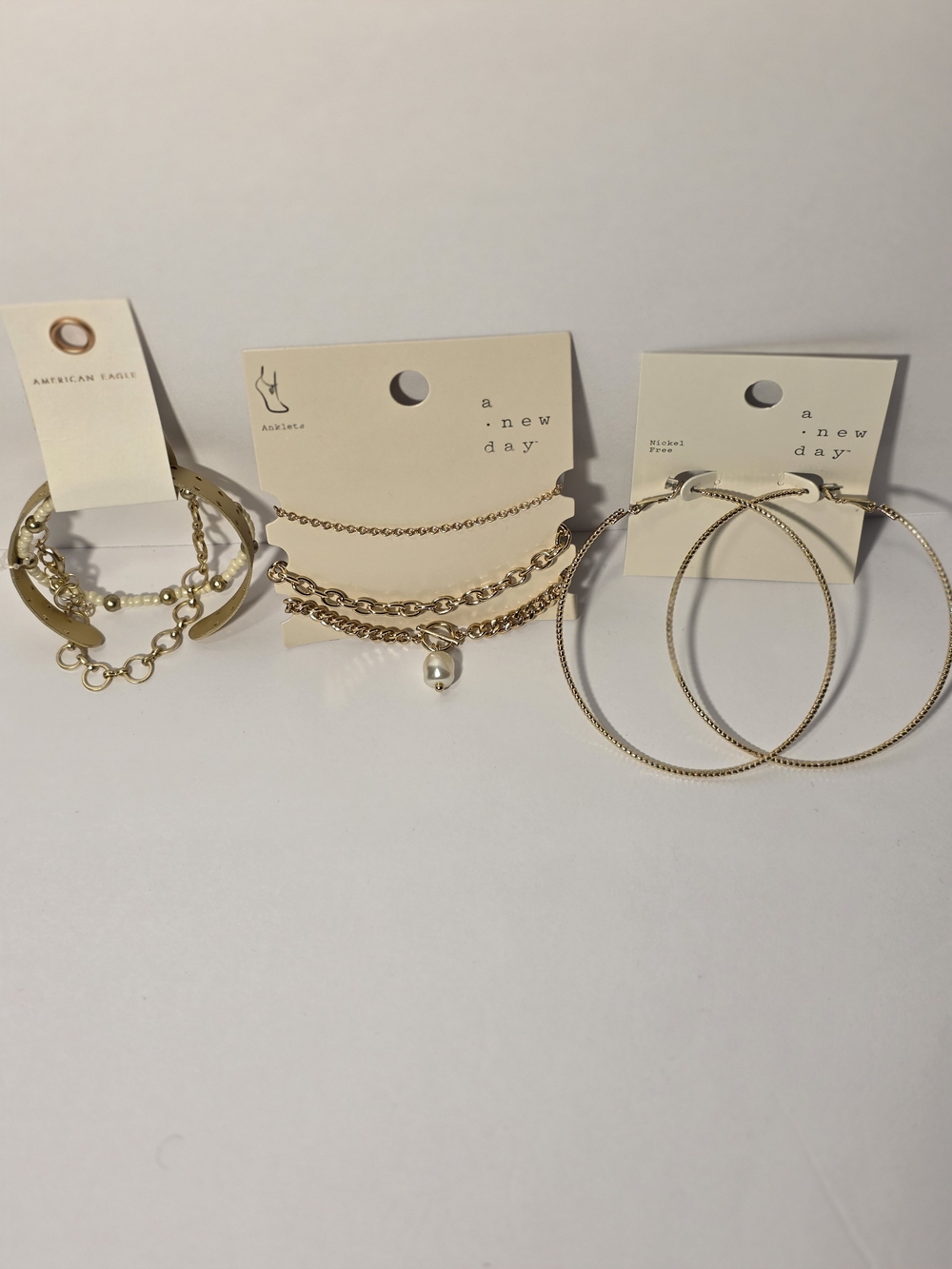 Gold Plated Jewelry Bundle- Hoop Earrings, Anklet Set With Pearl And Braclet Set